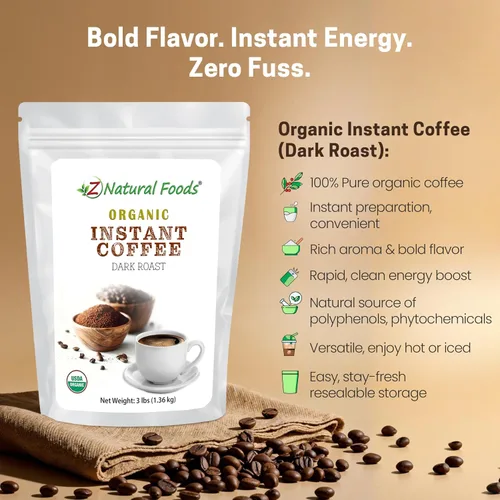 Vista 3 de Z Natural Foods Café instantáneo orgánico en polvo, rico sabor tostado oscuro, polvo de espresso instantáneo arábica con antioxidantes para aumentar