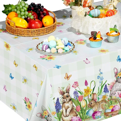 Vista 5 de Riakrum Mantel de Pascua rectangular de plástico con huevos de conejo, mantel floral para decoración y suministros de fiesta de Pascua, primavera