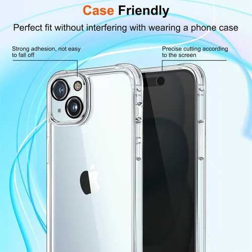 Vista 6 de WHPXJY Paquete de 2 + 3 protectores de pantalla de privacidad para iPhone 15 con protector de lente de cámara, antiarañazos, sin burbujas, fácil