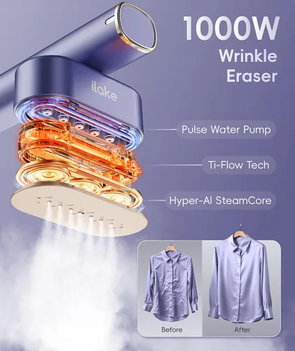 Vista 4 de Vaporizador para ropa, vaporizador portátil de 1000 W, tamaño de viaje, 100-240 V de doble voltaje, tanque de 4.1 fl oz, vapor de mano y plancha 2