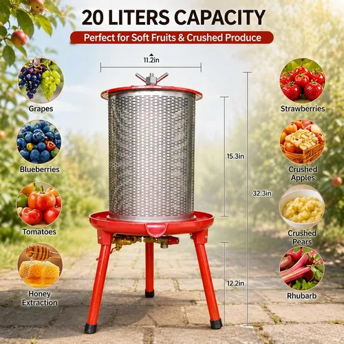 Vista 5 de Prensa hidráulica de frutas de 5,3 galones de sidra de vino de vejiga de uva Prensa de jugo de uva Hydro-powered electricity-free press mechanism