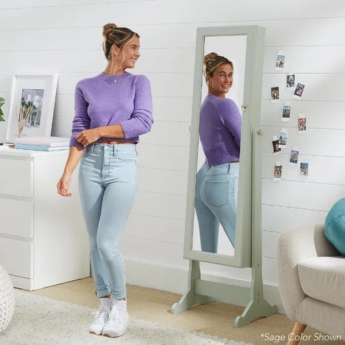 Vista 6 de Best Choice Products Armario de joyería y organizador de maquillaje en espejo de pie de cuerpo completo, con cerradura y forro de terciopelo, 3