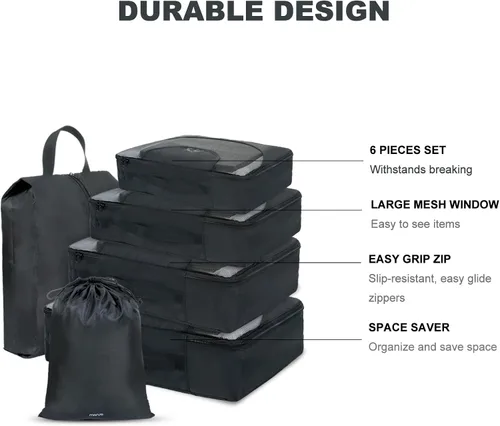 Vista 3 de MOSISO Juego de 6 cubos de embalaje para artículos esenciales de viaje, juego de bolsas organizadoras de maleta para equipaje, accesorios de viaje
