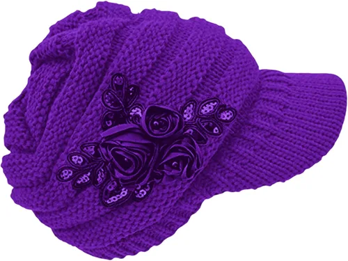 Vista 87 de C-US - Gorro de punto cálido para mujer, con visera de ganchillo con acento de flores