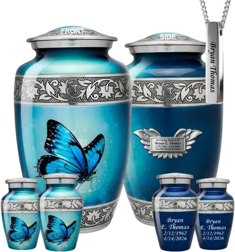 Vista 13 de Juego de 6 urnas de cremación decorativas personalizadas con diseño de mariposa azul para cenizas humanas, incluye 1 urna grande para cenizas