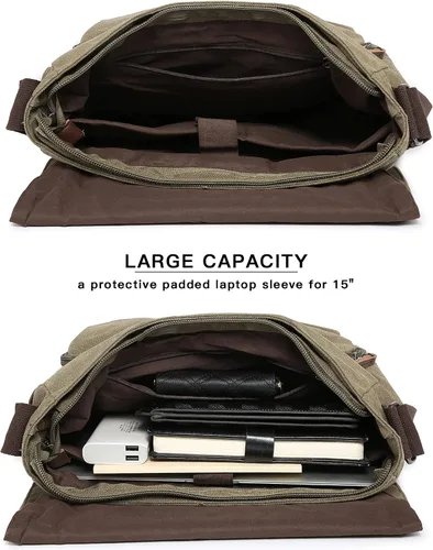 Vista 4 de Bolso bandolera grande de lona vintage para laptop de 15 pulgadas