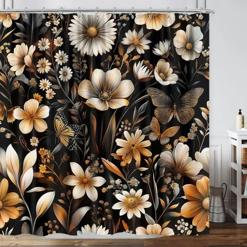 Vista 19 de Cortina de ducha de mariposa floral negra y dorada, cortina de ducha bohemia con diseño botánico de flores oscuras para baño con gancho, juego