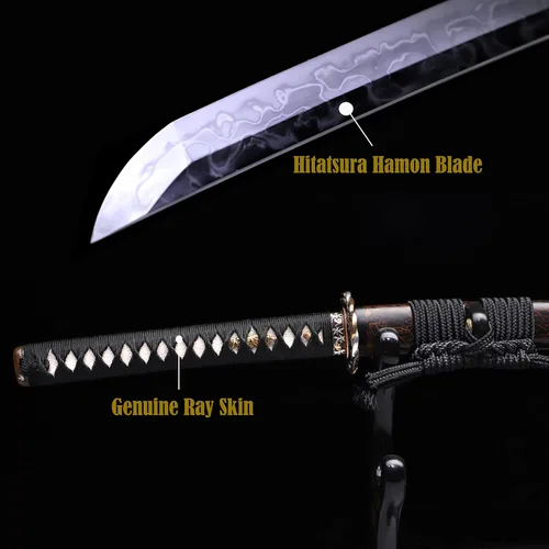 Vista 3 de Espada katana forjada a mano, arcilla real, acero templado L6, Hitatsura Hamon () Espada samurai espada de espiga completa