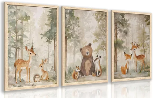 Vista 8 de Cyebmo Juego de 3 pinturas enmarcadas de animales del bosque, decoración de pared de animales salvajes del bosque, decoración de pared, pintura