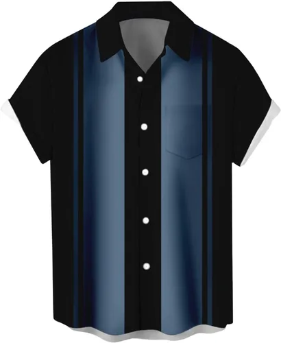 Vista 7 de Camisas de bolos para hombre, estilo vintage de los años 50, a rayas, con botones, camisa de campamento de guayabera cubana 2026, tops tropicales