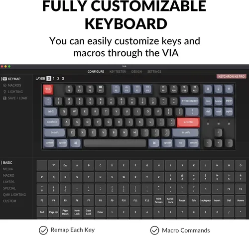 Vista 3 de Keychron K8 Pro Teclado mecánico inalámbrico personalizado QMKVIA programable Bluetoothretroiluminación RGB con cable sin llave con interruptor