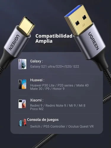 Vista 5 de UGREEN Cable USB a USB C 3.0 Cable USB C 3.0 de transferencia de datos de 5 Gbps tipo C, cable trenzado de nailon de carga rápida para Android