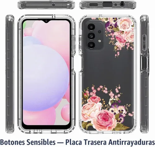 Vista 5 de Funda para Galaxy A13 4G/A13 LTE 4G SM-A135F con protector de pantalla de vidrio templado, cuerpo completo, diseño floral, a prueba de golpes, funda