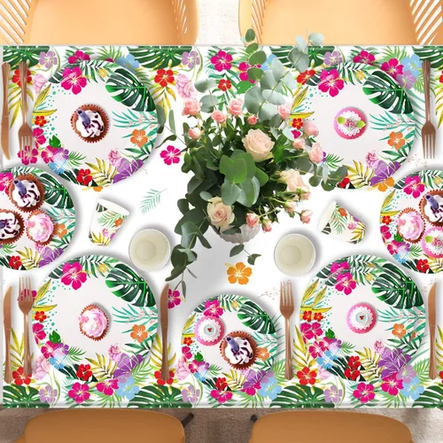 Vista 5 de 121 piezas de decoraciones hawaianas de Luau para fiesta, suministros de vajilla Aloha Tropical para fiesta, incluyendo platos, servilletas, tazas