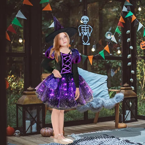 Vista 4 de Kitimi Light Up Witch Costume for Girls, Carnival Girls Witch Costume, Kids Toddler Witch Costume, Witch Costume for Party