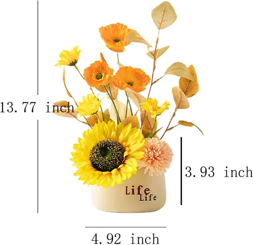 Vista 2 de Emivery Arreglo floral artificial de otoño, amapolas de girasol de seda con maceta de cerámica, flores sintéticas en maceta para centros de mesa