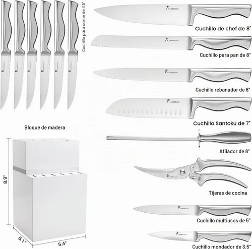 Vista 2 de Kangdelun Juego de cuchillos de cocina ultra afilados de 15 piezas con bloque de madera