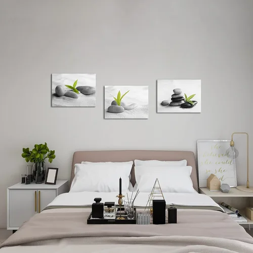 Vista 3 de Biuteawal 3 piezas de lienzo zen para decoración de baño, piedra zen con planta verde, impresión pacífica de naturaleza muerta, pintura moderna