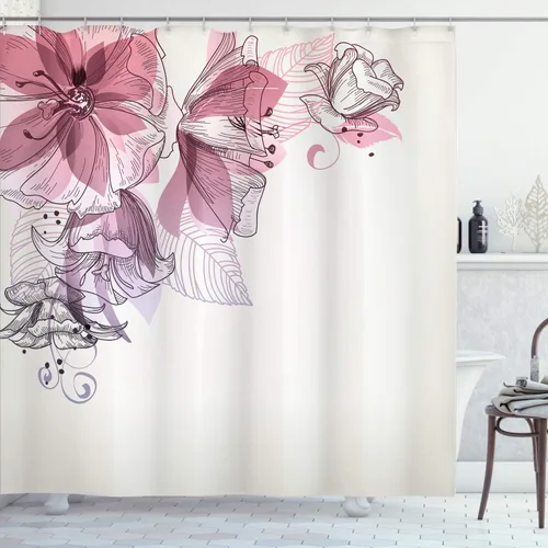 Vista 27 de Ambesonne Home sets de cortinas de baño con ganchos Blanco y gris