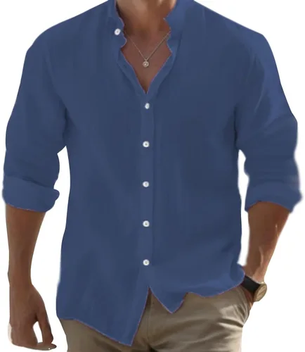 Vista 7 de Camisas de algodón para hombre, de manga larga, con botones, con cuello liso, camisetas casuales para la playa