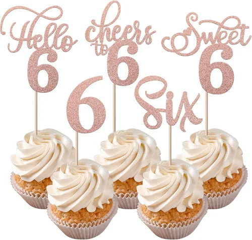 Vista 36 de Rsstarxi Paquete de 30 adornos para cupcakes de 6º cumpleaños con purpurina negra de seis Hello 6 para cupcakes Cheers to 6 años de edad