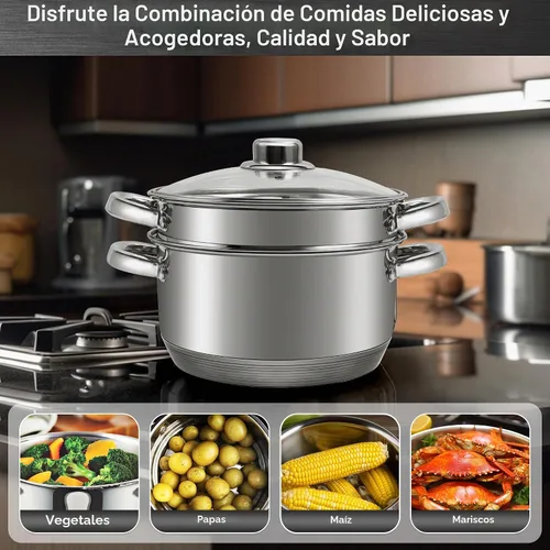 Vista 6 de AuFranc® olla de 4 cuartos de acero inoxidable 18/10 de tres capas con tapa de vidrio templado y vaporera, olla a vapor multiusos compatible