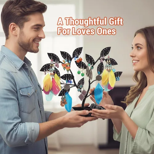 Vista 6 de MyGift - Árbol para colgar joyas, aretes y collares con charola para anillos., Metal, Negro, S