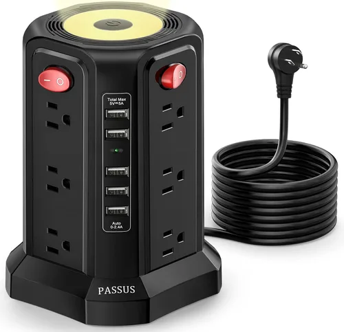 Vista 10 de Regleta de protección contra sobretensiones con torre y 5 puertos USB y luz nocturna, cable de extensión de 10 pies con 12 tomas múltiples de CA