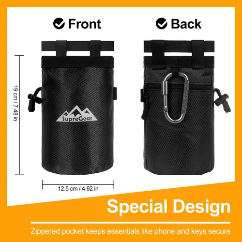 Vista 3 de supregear Bolsa de tiza para escalada en roca, bolsillo grande con cremallera con soporte para cepillo, cierre de cordón y clip de mosquetón, ideal
