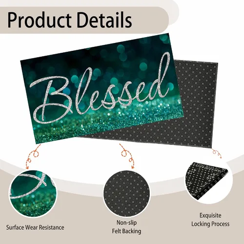 Vista 4 de TUBAMQ Felpudo de puerta Blessed de 17 x 30 pulgadas, tapete decorativo de bienvenida con purpurina bendita, parte trasera de goma antideslizante