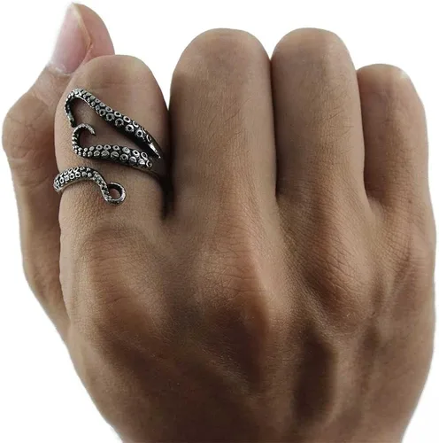 Vista 5 de Weelovee Anillo de pulpo antiguo punk de acero de titanio 316L para hombre y mujer, tamaño ajustable, diseño de joyería, unisex, plateado, Metal