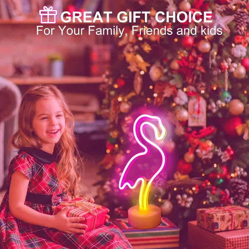 Vista 8 de YSMNDE Letrero de neón de flamenco, letrero de luz LED rosa para decoración de habitación de niñas, luces nocturnas de funcionamiento USB/batería