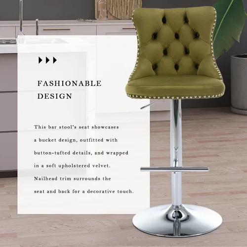 Vista 155 de SoarFlash Juego de 2 taburetes de bar tapizados de terciopelo moderno con patas de madera, botones acolchados, cabeza de clavo cromada, asiento