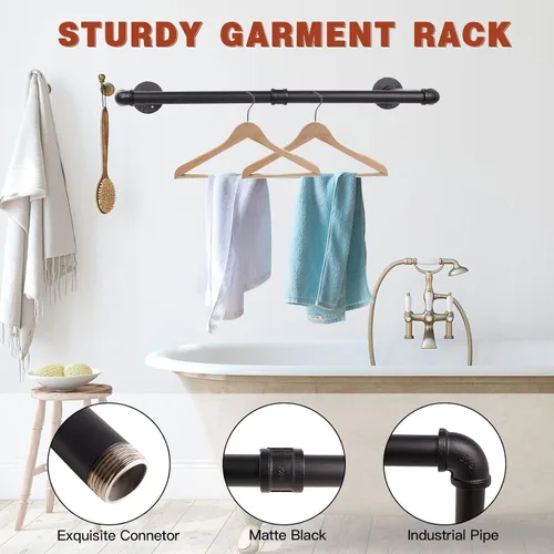 Vista 2 de Perchero de ropa montado en la pared de 36" con tubo industrial, organizador de ropa negro de hierro resistente que ahorra espacio, barra