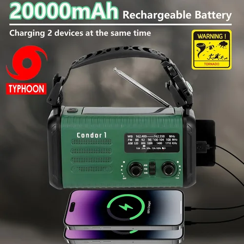 Vista 2 de Radio meteorológica de emergencia (Condor 1) NOAA/AM/FM con radio portátil de 74000 mWh, carga USB-C/solar/manivela, alarma SOS, linterna, lámpara