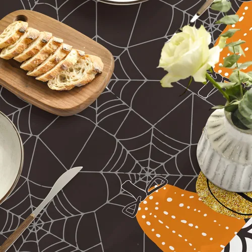 Vista 5 de Horaldaily Mantel rectangular de Halloween de 52 x 70 pulgadas, diseño de telaraña de calabaza con temática de miedo, color negro, lavable