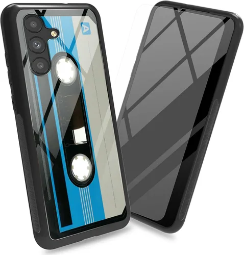 Vista 23 de Funda para Samsung Galaxy A13 5G con protector de pantalla, cubierta trasera de vidrio templado, diseño de flores de gato negro, marco de Flores