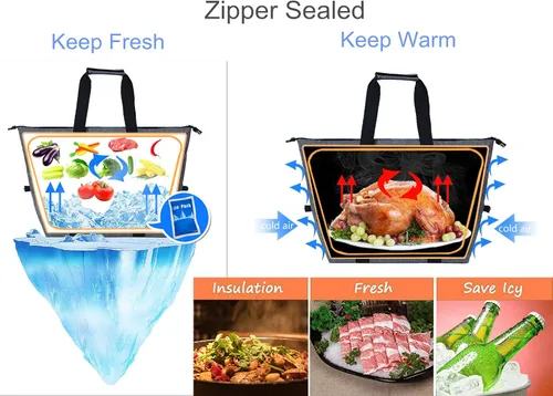 Vista 5 de Bolsas enfriadoras de compras aisladas con cremallera superior para comestibles, bolsa de espuma térmica reutilizable para viajes, picnic