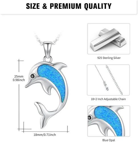 Vista 3 de TUGHRA 925 Sterling Silver Ocean Necklace Summer Jewelry SharkDolphin Pendant Necklaces Blue Opal Ocean Necklace Cute Ocean Animal Gift for Women