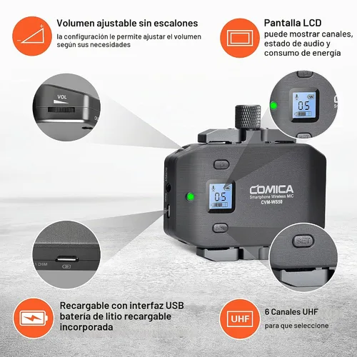 Vista 5 de Micrófono inalámbrico para smartphone, Comica CVM-WS50(H) Micrófono de mano para iPhone/Android Entrevista, micrófono de grabación profesional
