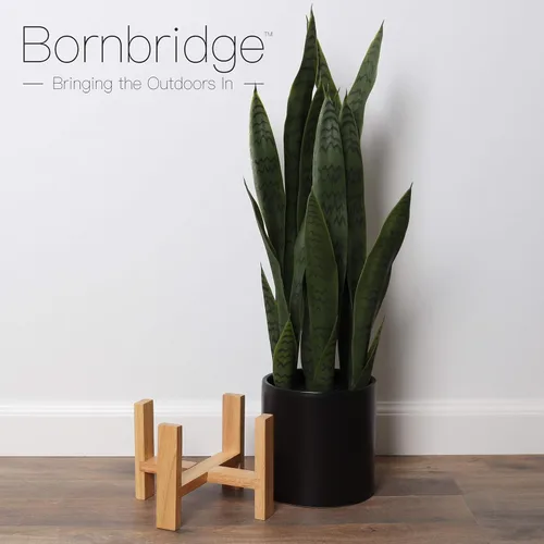 Vista 3 de Bornbridge Planta artificial de serpiente con soporte para plantas de mediados de siglo, planta Sansevieria en maceta moderna, plantas artificiales