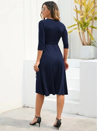 Vista 3 de OWIN Vestido de verano casual de manga corta para mujer, vestido de fiesta de cóctel, sexy, cuello en V, volantes, vestido cruzado de trabajo