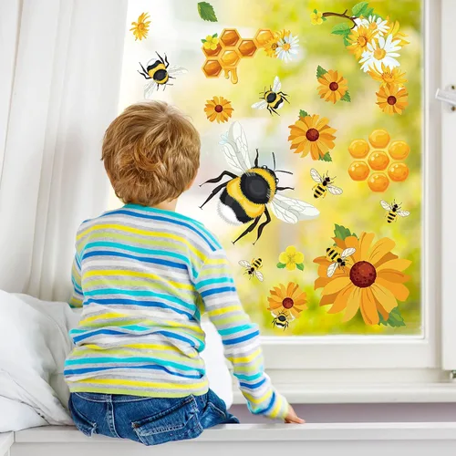 Vista 7 de Zonon 90 calcomanías de ventana de abeja de verano, calcomanías para ventana, calcomanías de girasol, calcomanías de panal, decoración de panal
