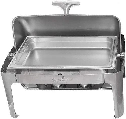 Vista 3 de TigerChef - Juego de platos de bufé de acero inoxidable con tapa enrollable, juego de calentador de bufé con 2 pinzas de gel combustible y plástico
