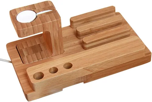 Vista 8 de Estación de carga de escritorio multidispositivo de madera de bambú Soporte de carga para iPhone 16 15 14 13 12 11 Pro Max iWatch 2 3 4 5 compatible