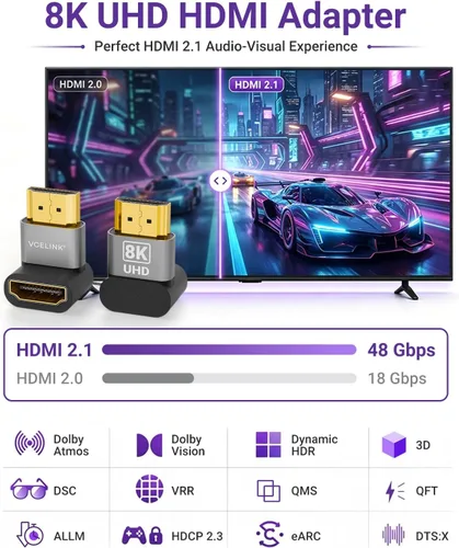Vista 3 de VCELINK 10K 8K HDMI 2.1 Adaptador de ángulo recto para TV montado 48Gbps