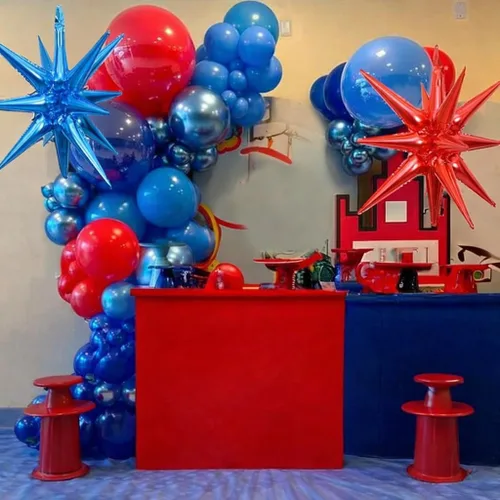 Vista 5 de Kit de Guirnalda de Arco de Globos Rojo Azul Plateado, Globos de Látex Rojo Azul Real Globos de Papel de Aluminio 4D con Estrella de Explosión