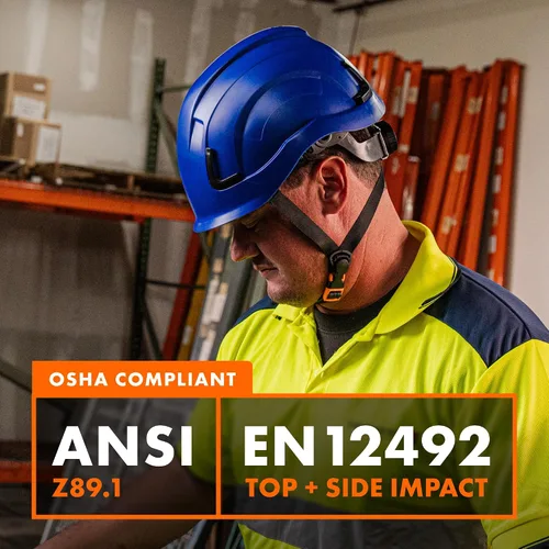 Vista 7 de Casco Protector Defender Safety H2, Casco Duro de Tipo 2 Clase C y E, Certificado ANSI Z89.1 y EN 12492