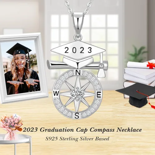 Vista 3 de Regalos de graduación 2023 de plata de ley S925 para escuela secundaria, brújula, regalo de graduación para niñas, mujeres, novia, amigas, hija