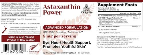 Vista 2 de TURNER Nueva Zelanda Astaxantina Power con UAF1000+, antienvejecimiento, piel, ojo, nervio, recuperación muscular, suplemento antioxidante de apoyo